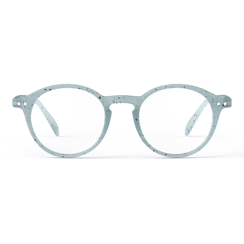 a pair of terrazzo speckled light baby blue reading glasses from izipizi France