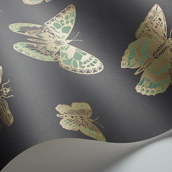 Butterflies & Dragonflies in Green on Char Wallpaper by Cole & Son