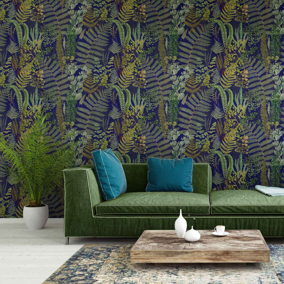 green and dark blue botanical wallpaper with plants ferns