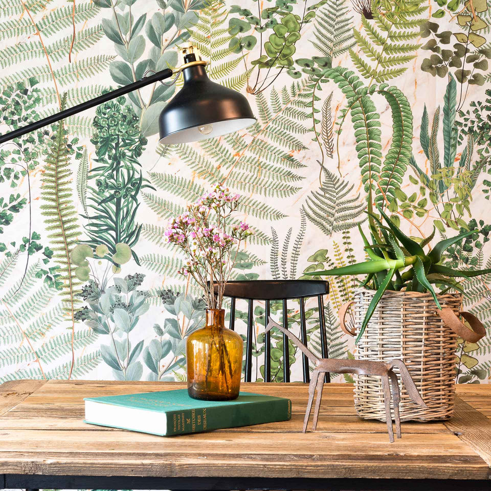 green beige botanical wallpaper with plants ferns