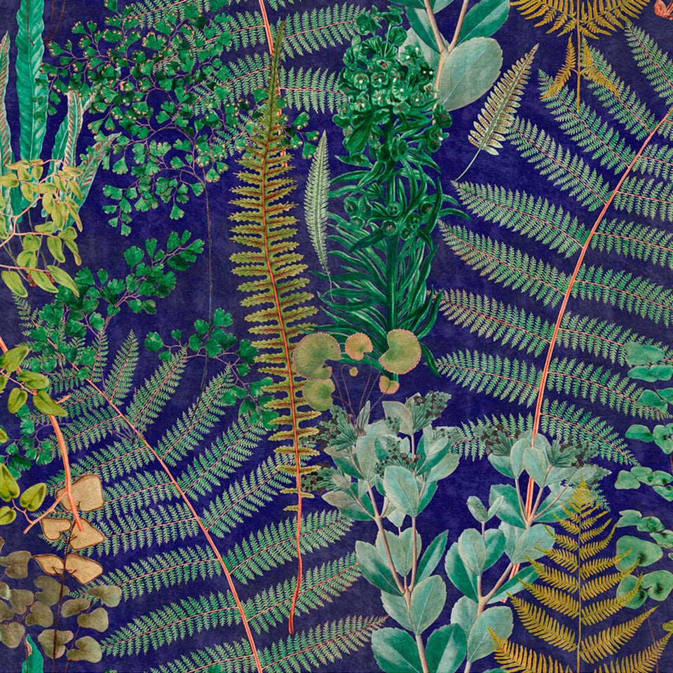 green and dark blue botanical wallpaper with plants ferns