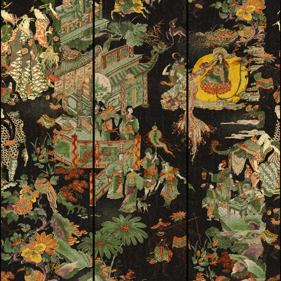 Asian style wallpaper with Chinese and Japanese folding screens