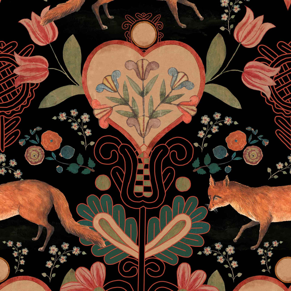 red black dark wallpaper with fox flowers heart