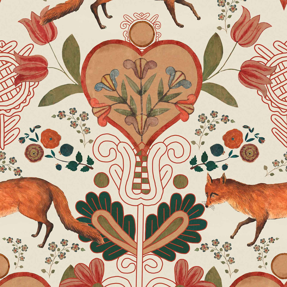 red beige wallpaper with fox flowers heart