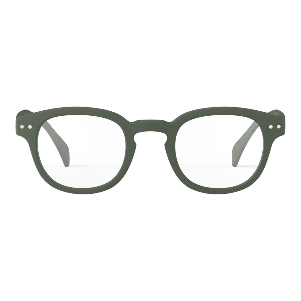 a pair of matte army khaki green reading glasses from Izipizi France