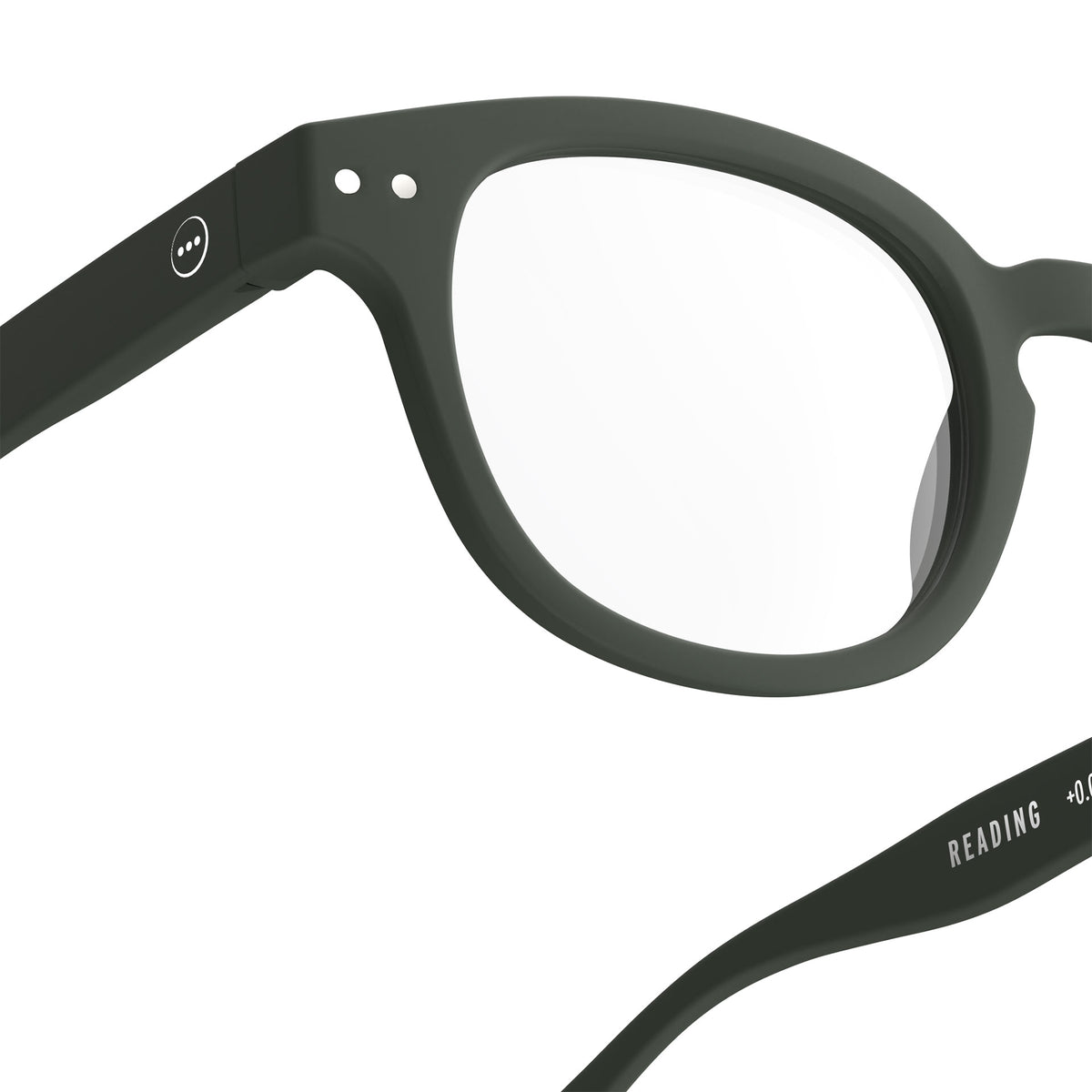 a pair of matte army khaki green reading glasses from Izipizi France