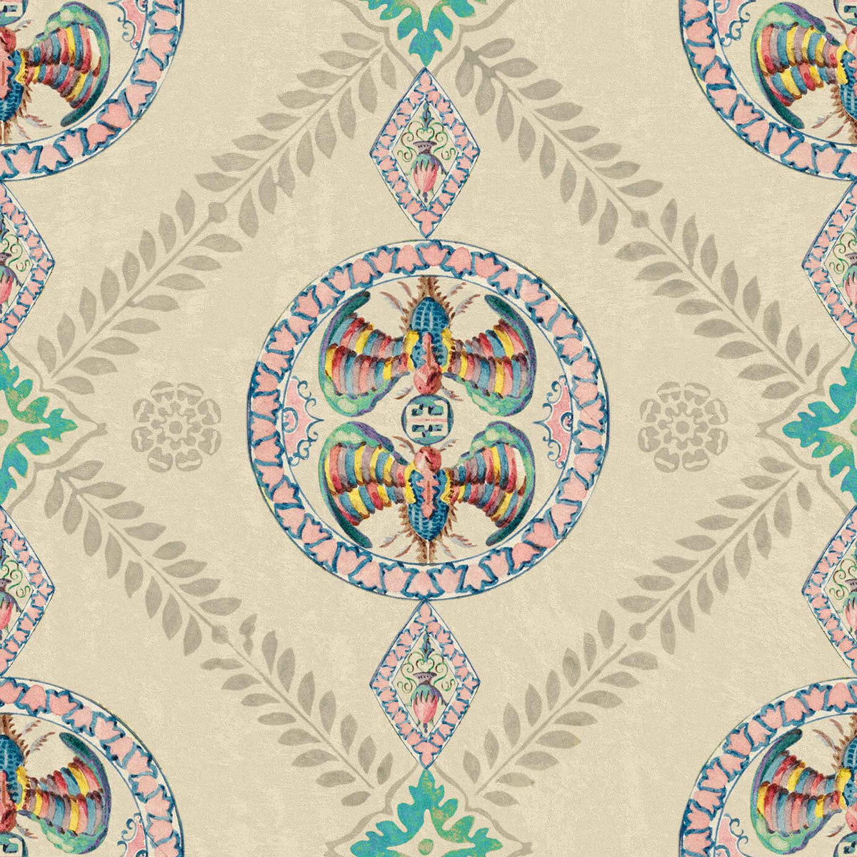 Abeille decoration in green taupe beige pink blue wallpaper