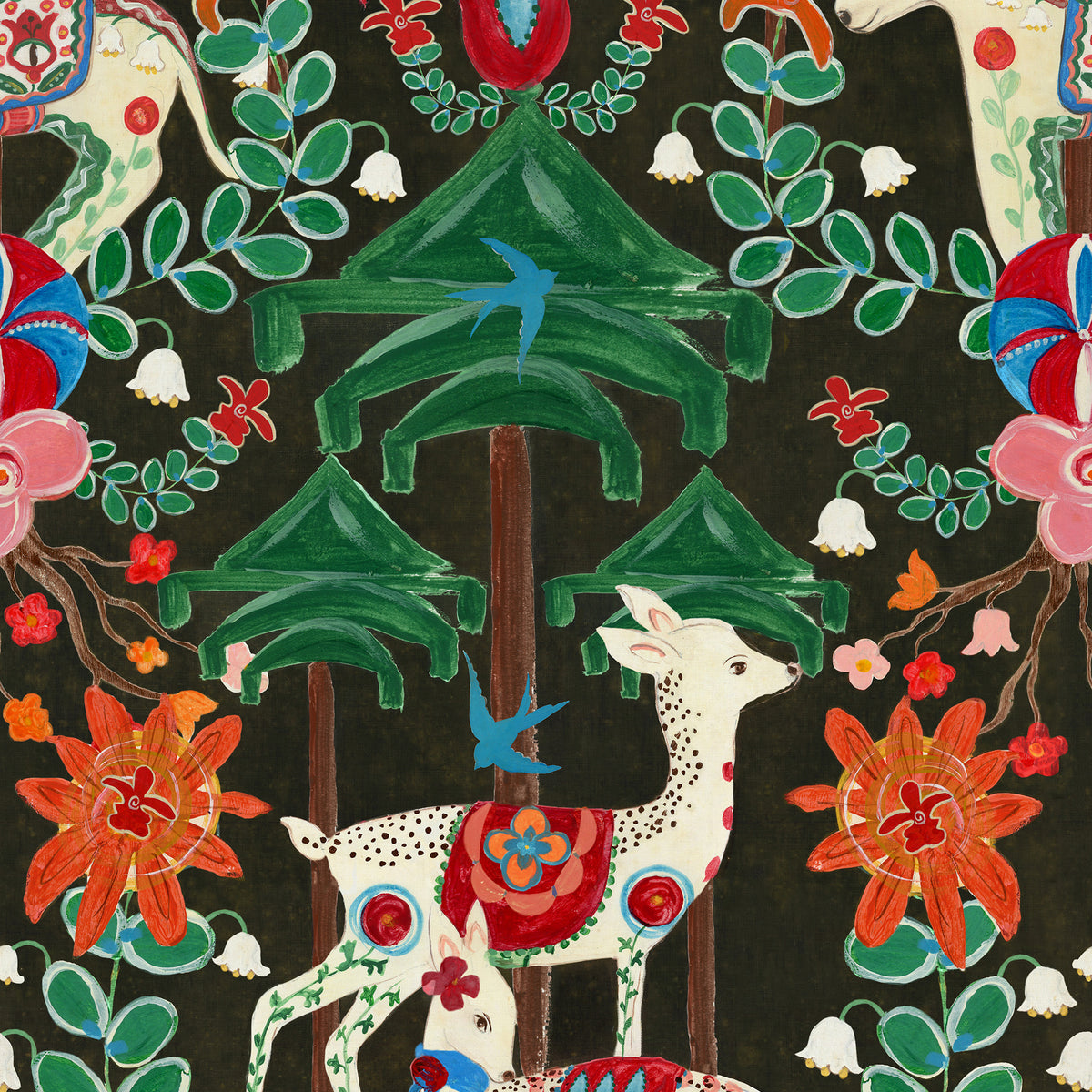 A WOODLAND TALE Anthracite wallpaper by MINDTHEGAP, full pattern detail.