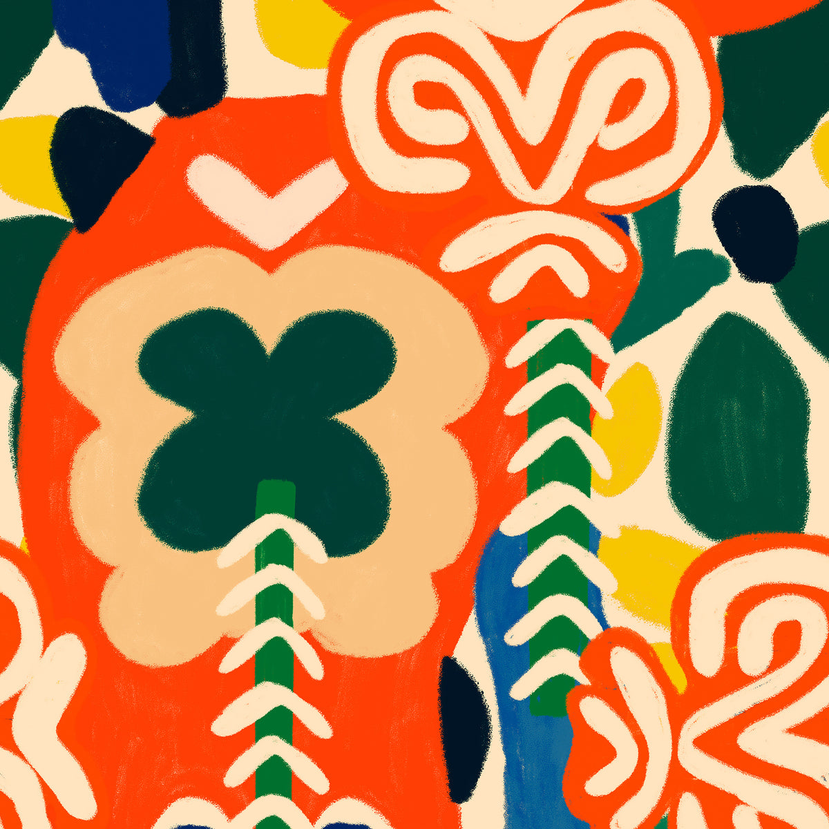 Abundance wallpaper by MINDTHEGAP, with colorful oversized flowers, spiraling vines and graphic leaves.
