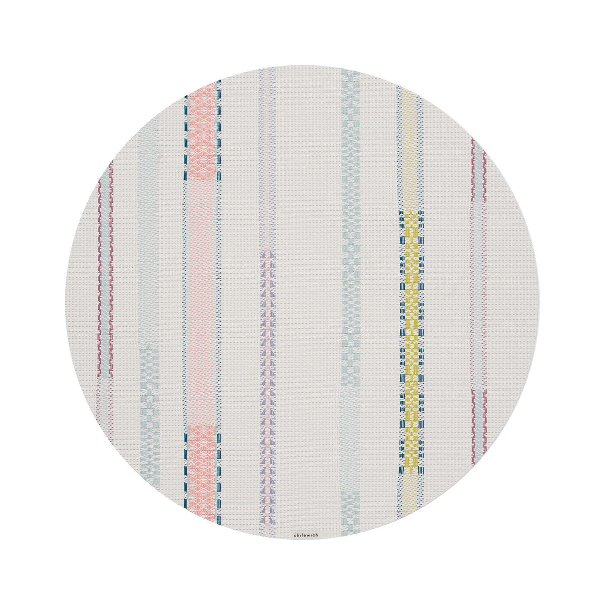 Chilewich Appliqué round placemat in Almond, viewed from above on a white background