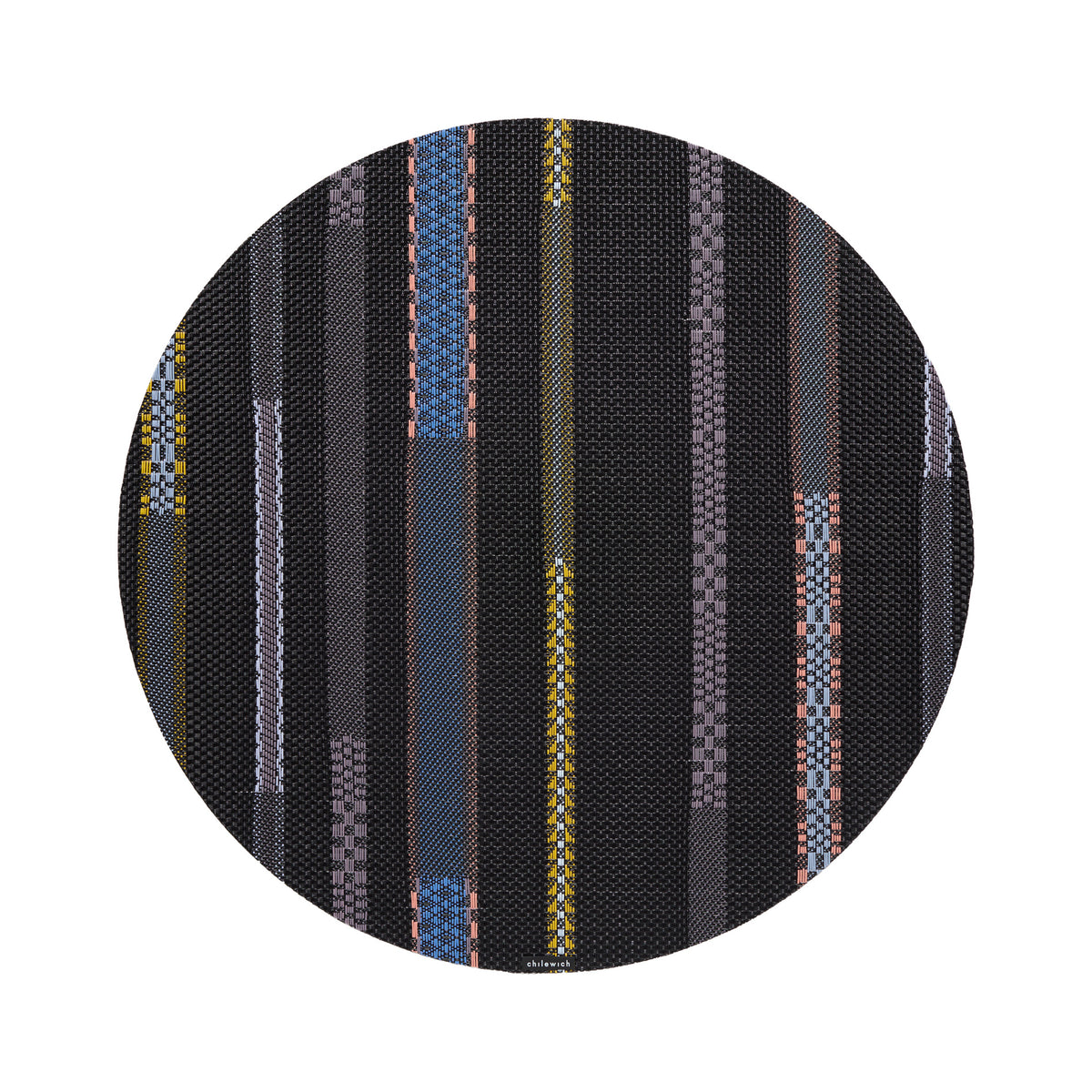Chilewich Appliqué round placemat in Nero, viewed from above on a white background