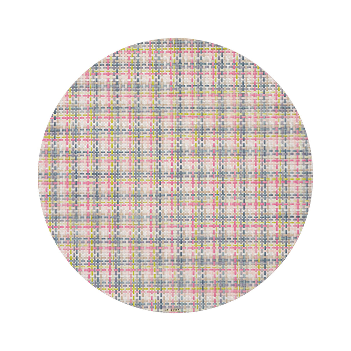 Chilewich Basketweave round placemat in Begonia, viewed from above on a white background