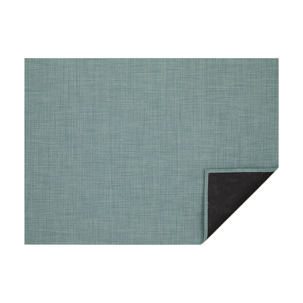 Celadon Basketweave woven floor mat by Chilewich, horizontal folded-corner view
