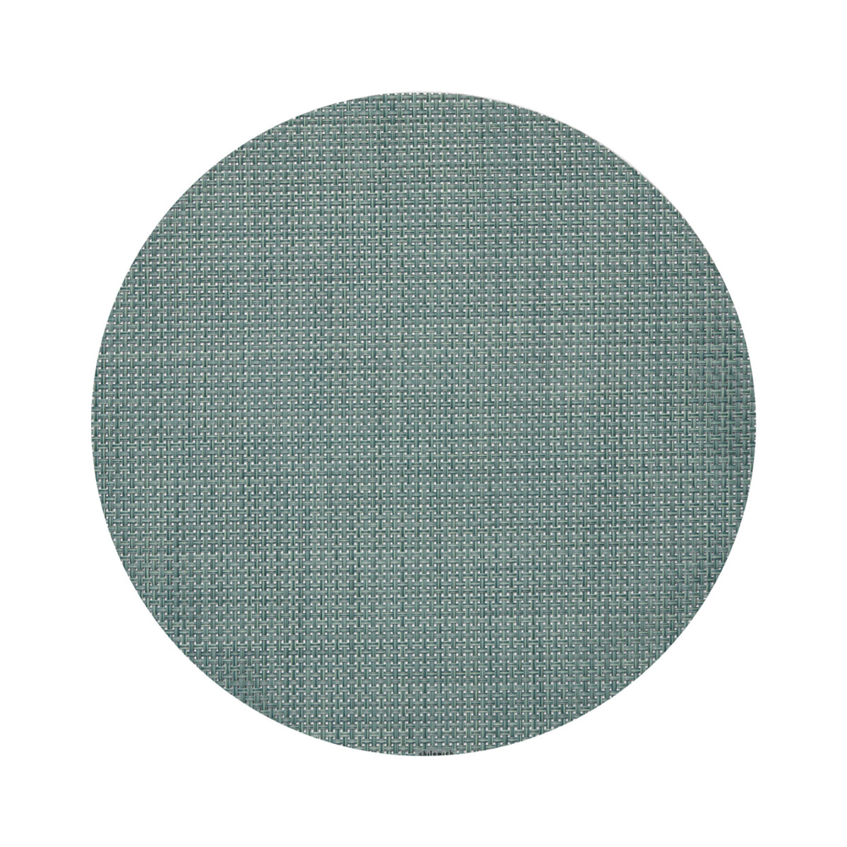 Chilewich Basketweave round placemat in Celadon, viewed from above on a white background