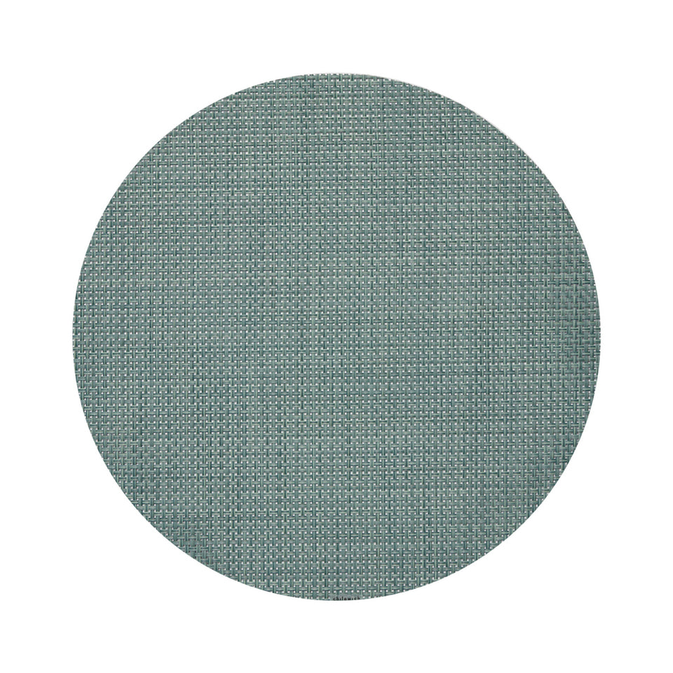Chilewich Basketweave round placemat in Celadon, viewed from above on a white background