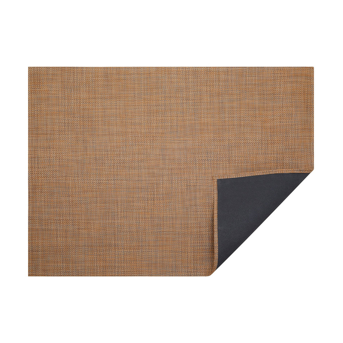 Teak Basketweave woven floor mat by Chilewich, horizontal folded-corner view