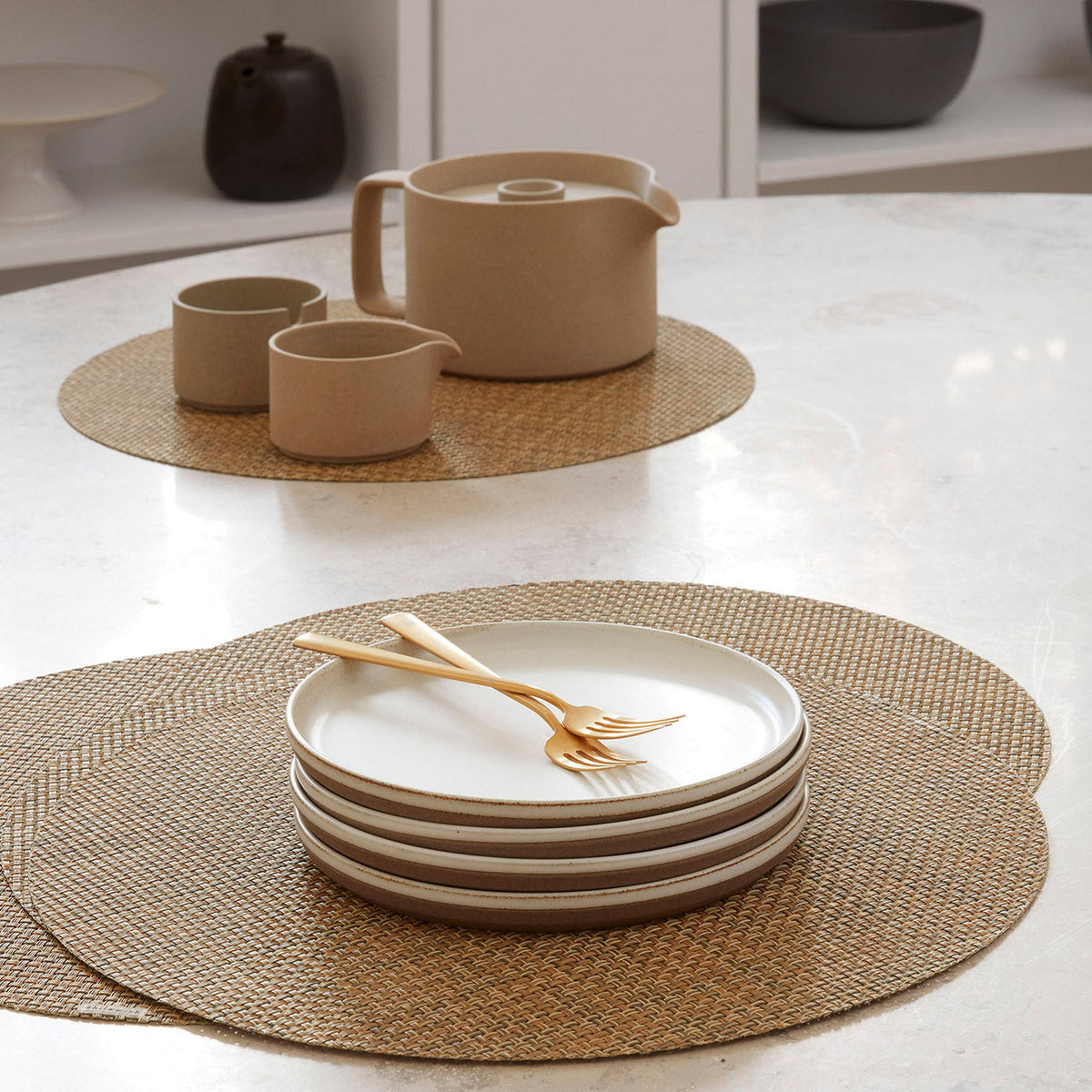 Chilewich Basketweave placemat in Teak, lifestyle detail