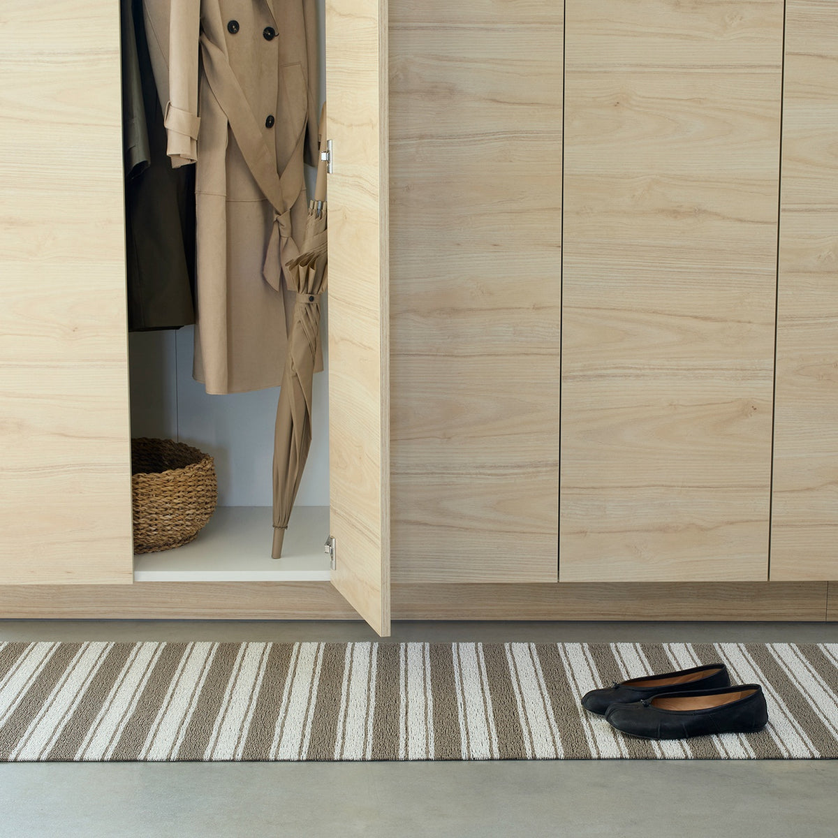 Walnut Boardwalk Stripe Shag Mat by Chilewich — in use