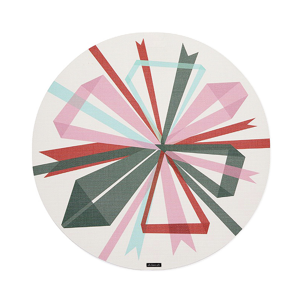 Chilewich Bow round placemat in Juniper, viewed from above on a white background