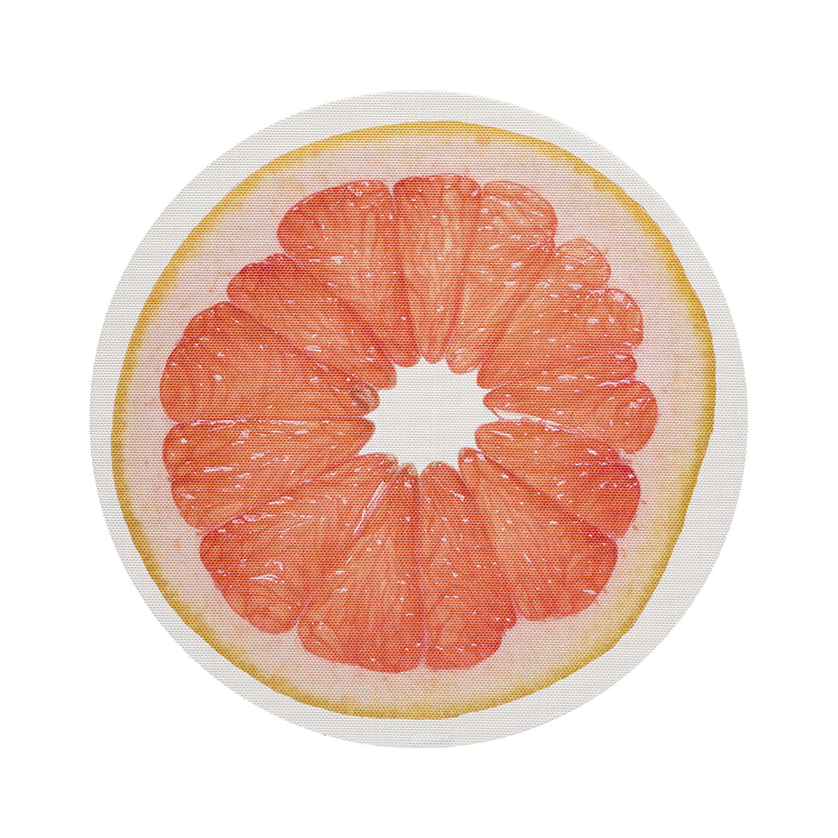 Chilewich Citrus round placemat in Grapefruit, viewed from above on a white background