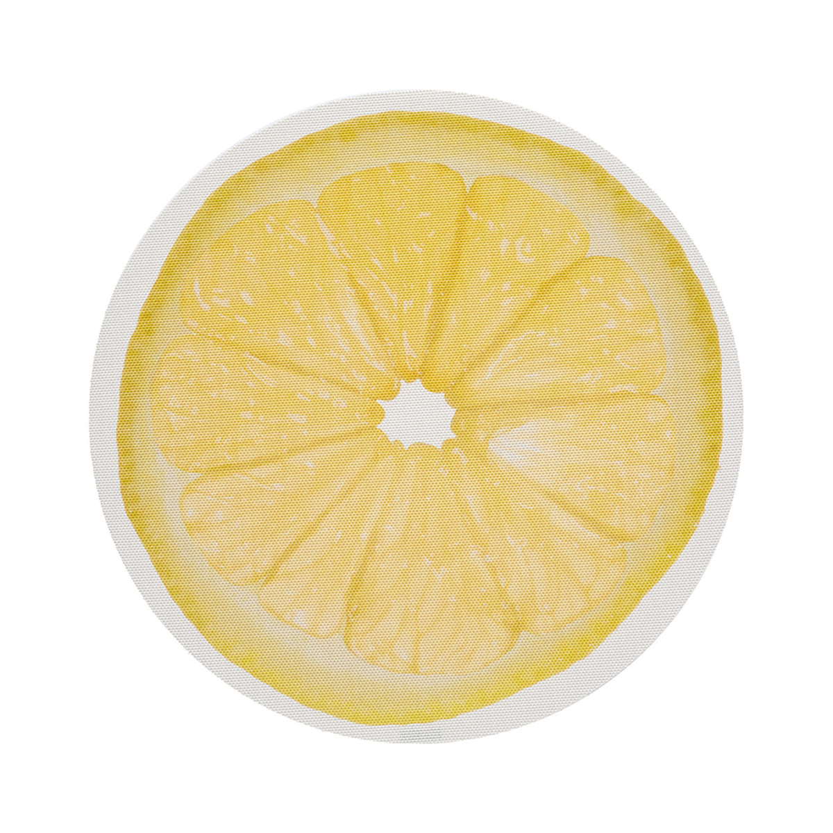Chilewich Citrus round placemat in Lemon, viewed from above on a white background