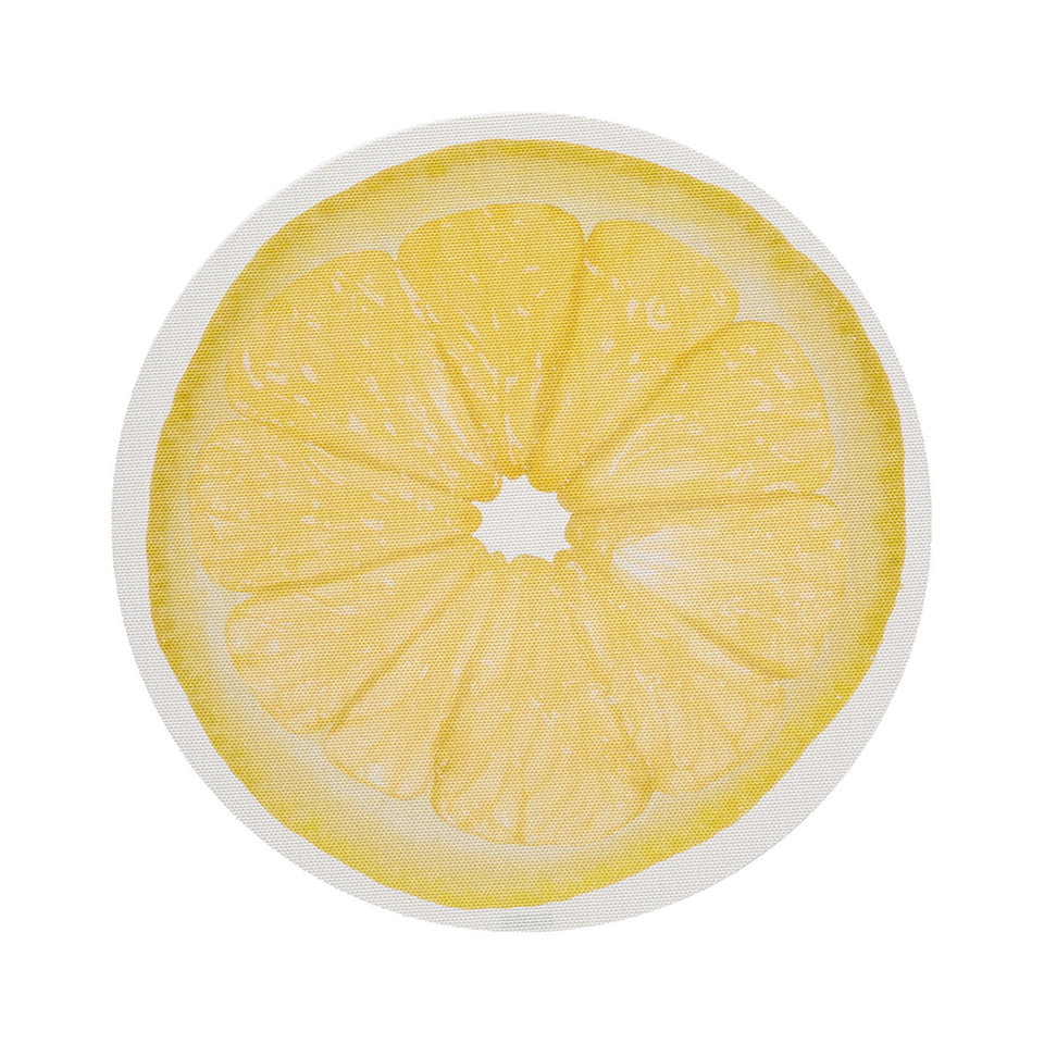 Chilewich Citrus round placemat in Lemon, viewed from above on a white background