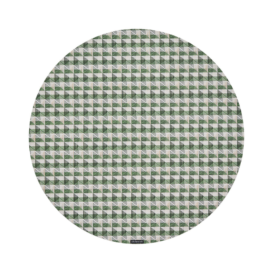 Chilewich Crane round placemat in Thyme, viewed from above on a white background