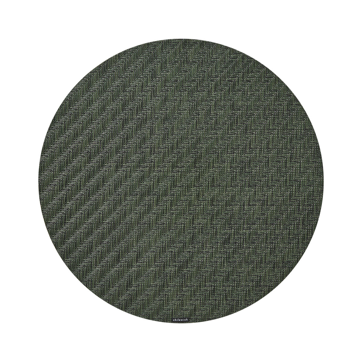 Chilewich Foxtail round placemat in Thyme, viewed from above on a white background