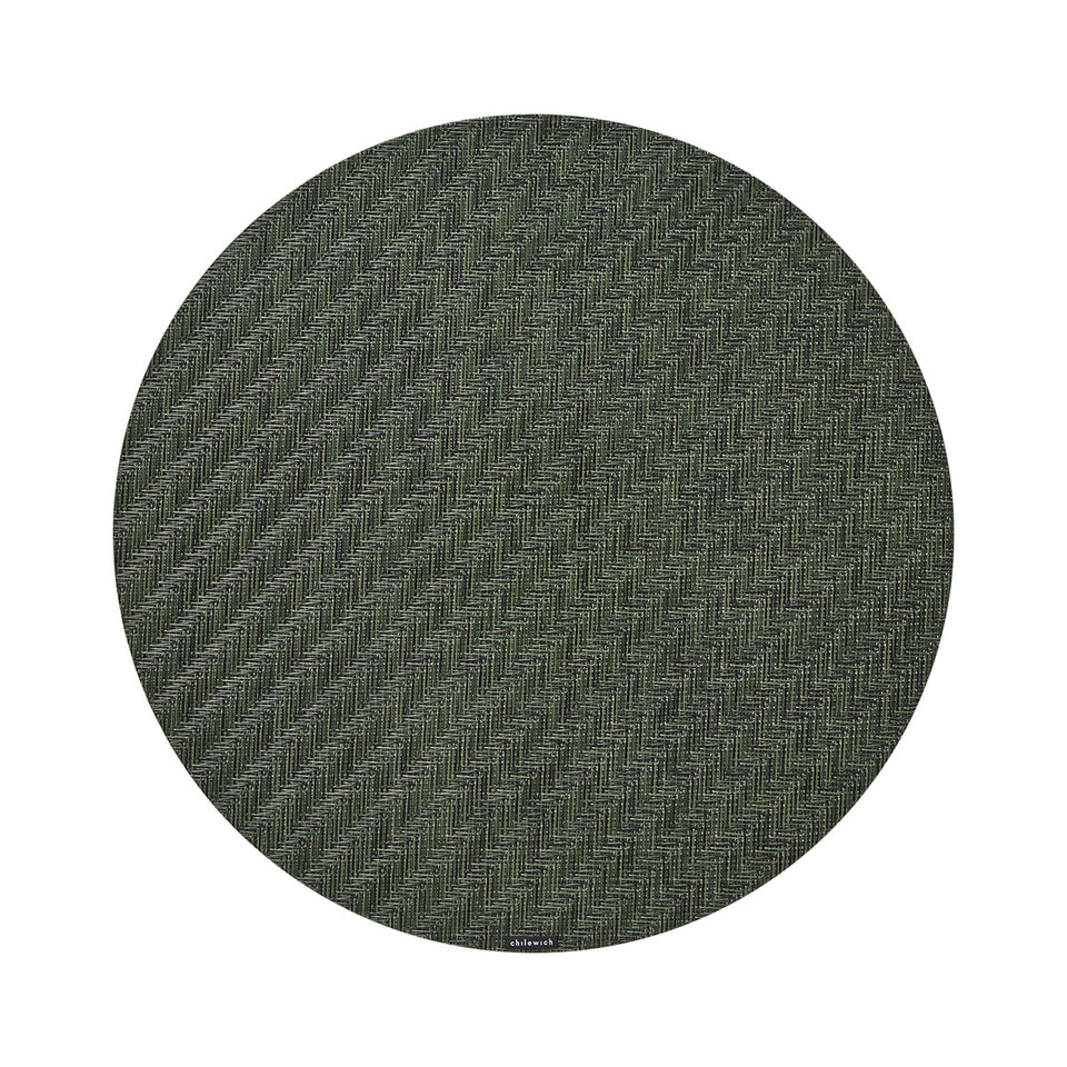 Chilewich Foxtail round placemat in Thyme, viewed from above on a white background