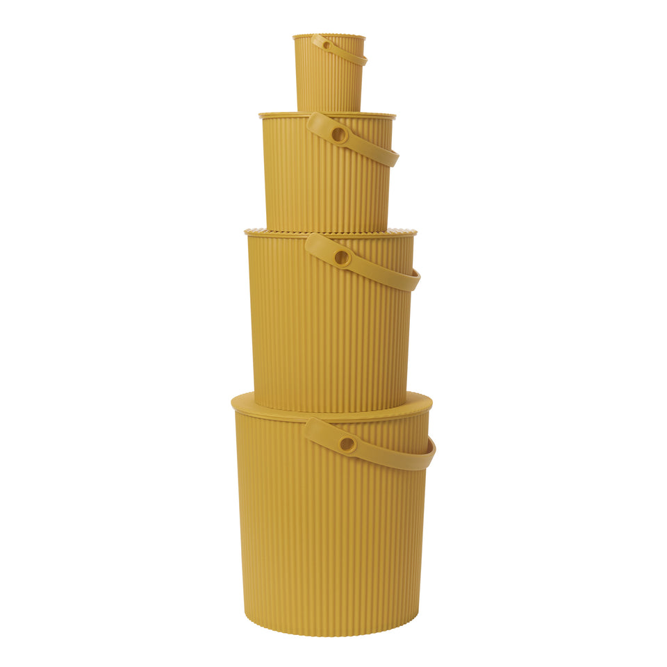 Mustard Hachiman buckets shown together in several sizes