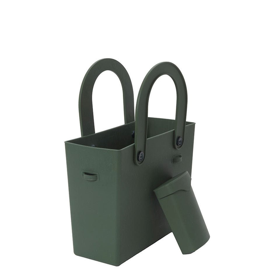 Angled view of the Garden Green Hachiman tote with pouch detached