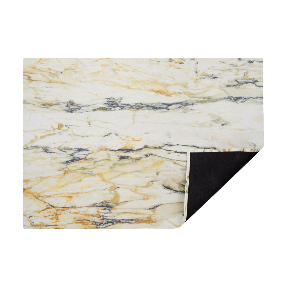 Gold Marble woven floor mat by Chilewich, horizontal folded-corner view