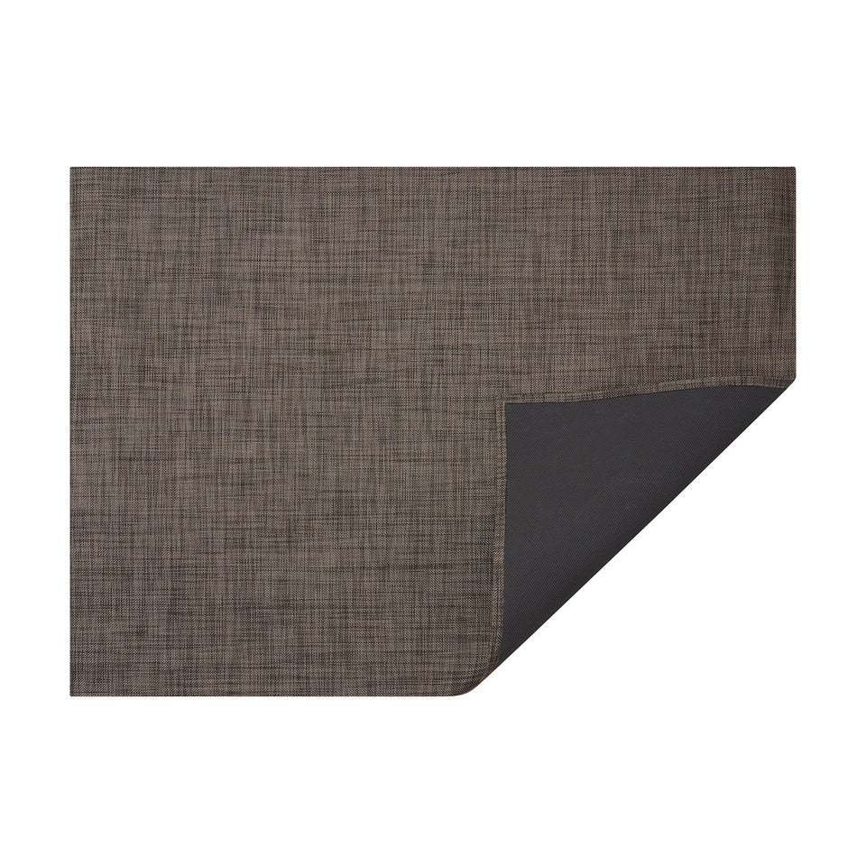 Dark Walnut Mini Basketweave woven floor mat by Chilewich, horizontal folded-corner view