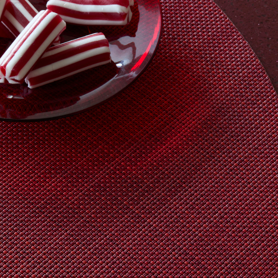 Chilewich Mini Basketweave in Scarlet, shown in a styled table setting