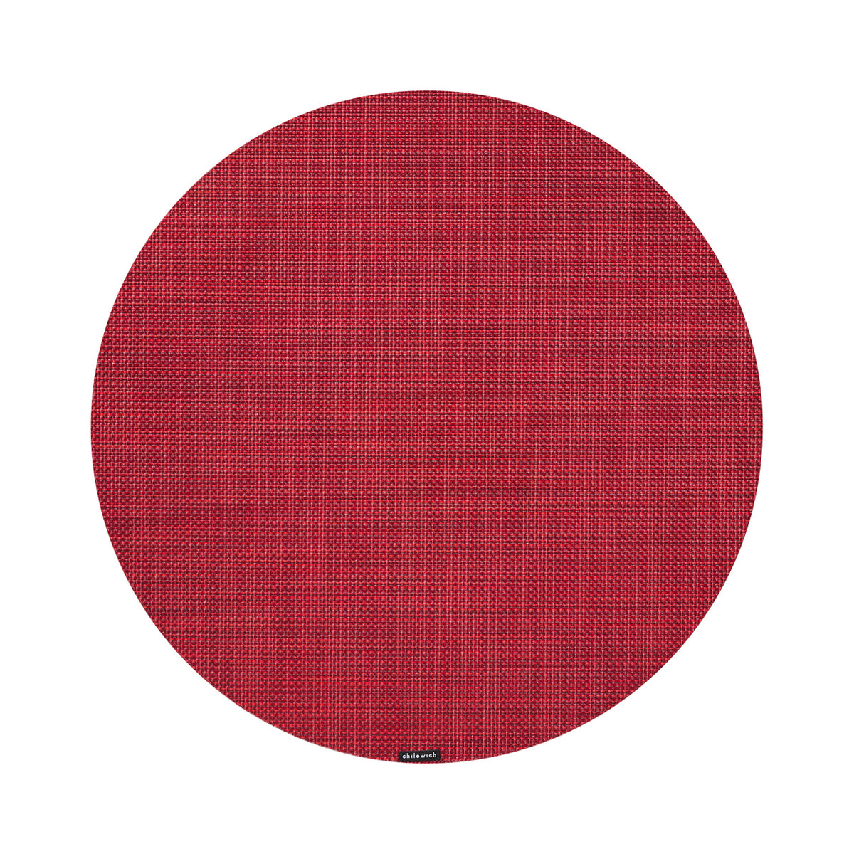 Chilewich Mini Basketweave round placemat in Scarlet, viewed from above on a white background