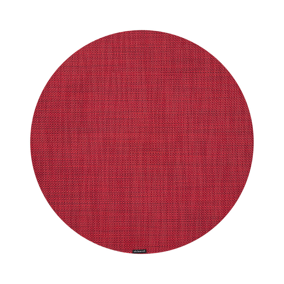 Chilewich Mini Basketweave round placemat in Scarlet, viewed from above on a white background