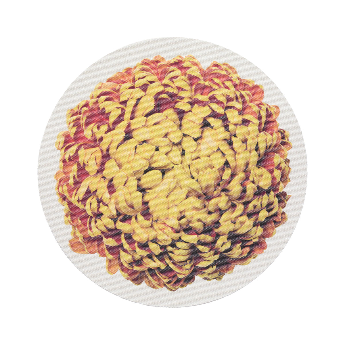 Chilewich Mums round placemat in Amber, viewed from above on a white background