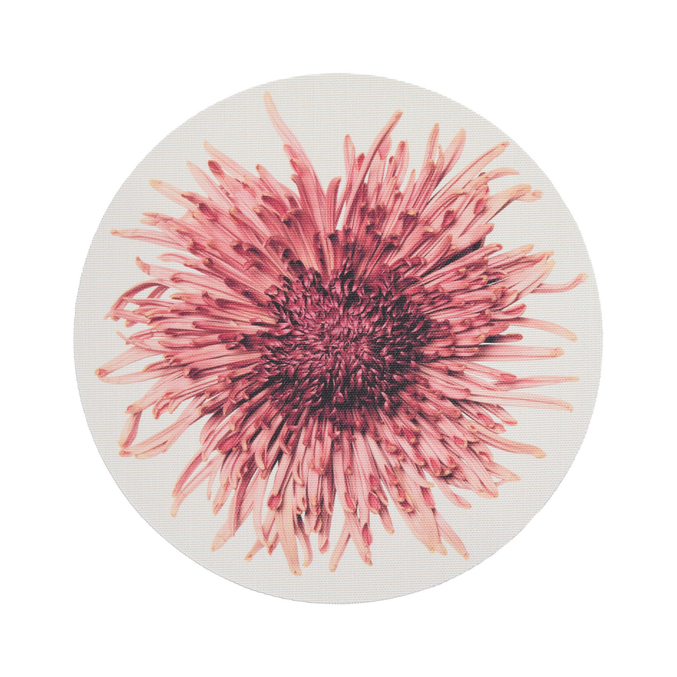 Chilewich Mums round placemat in Vermillion, viewed from above on a white background