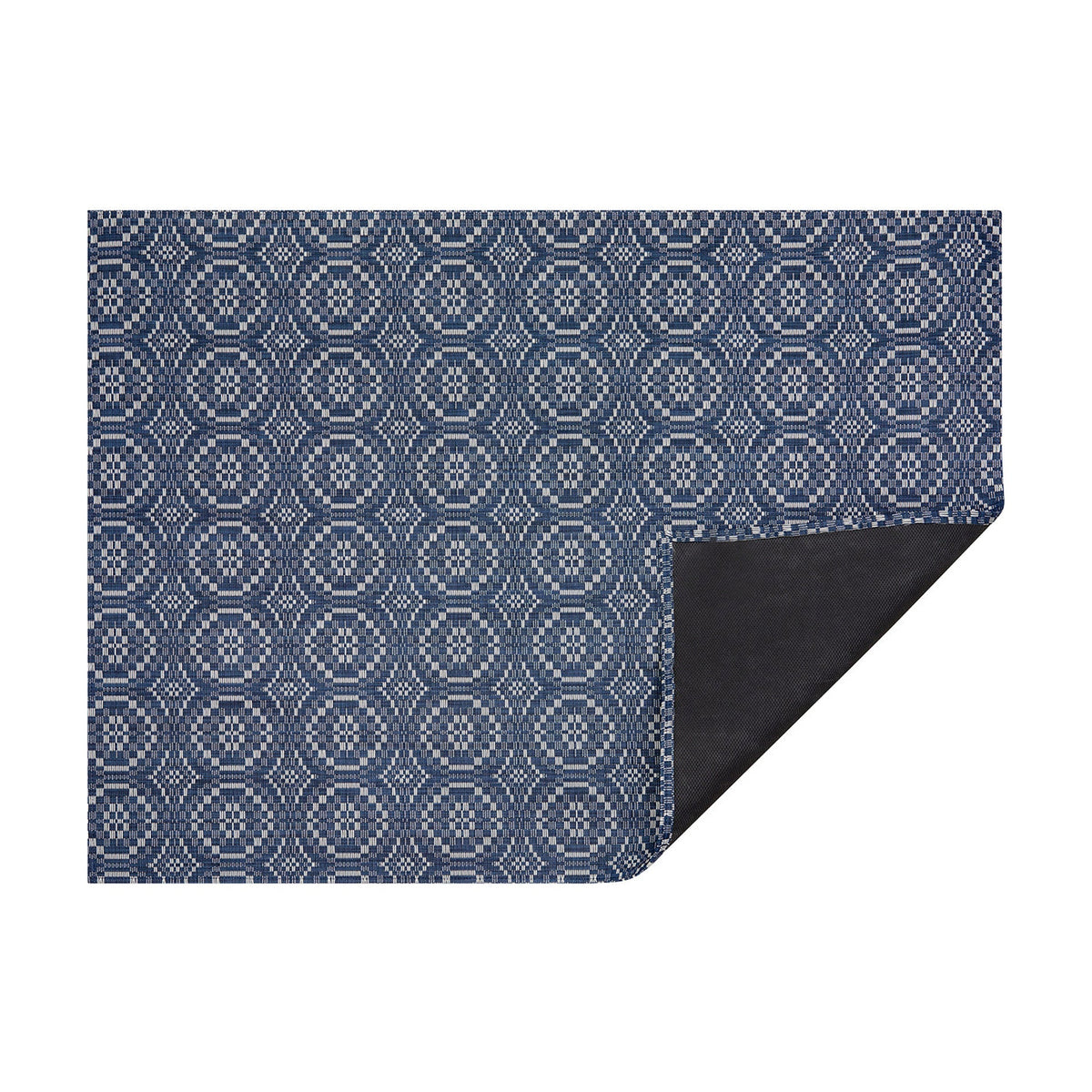 Denim Overshot woven floor mat by Chilewich, horizontal folded-corner view