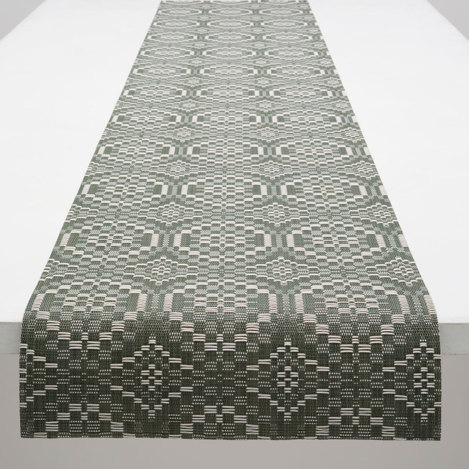 Chilewich Overshot runner in Thyme, draped along a table