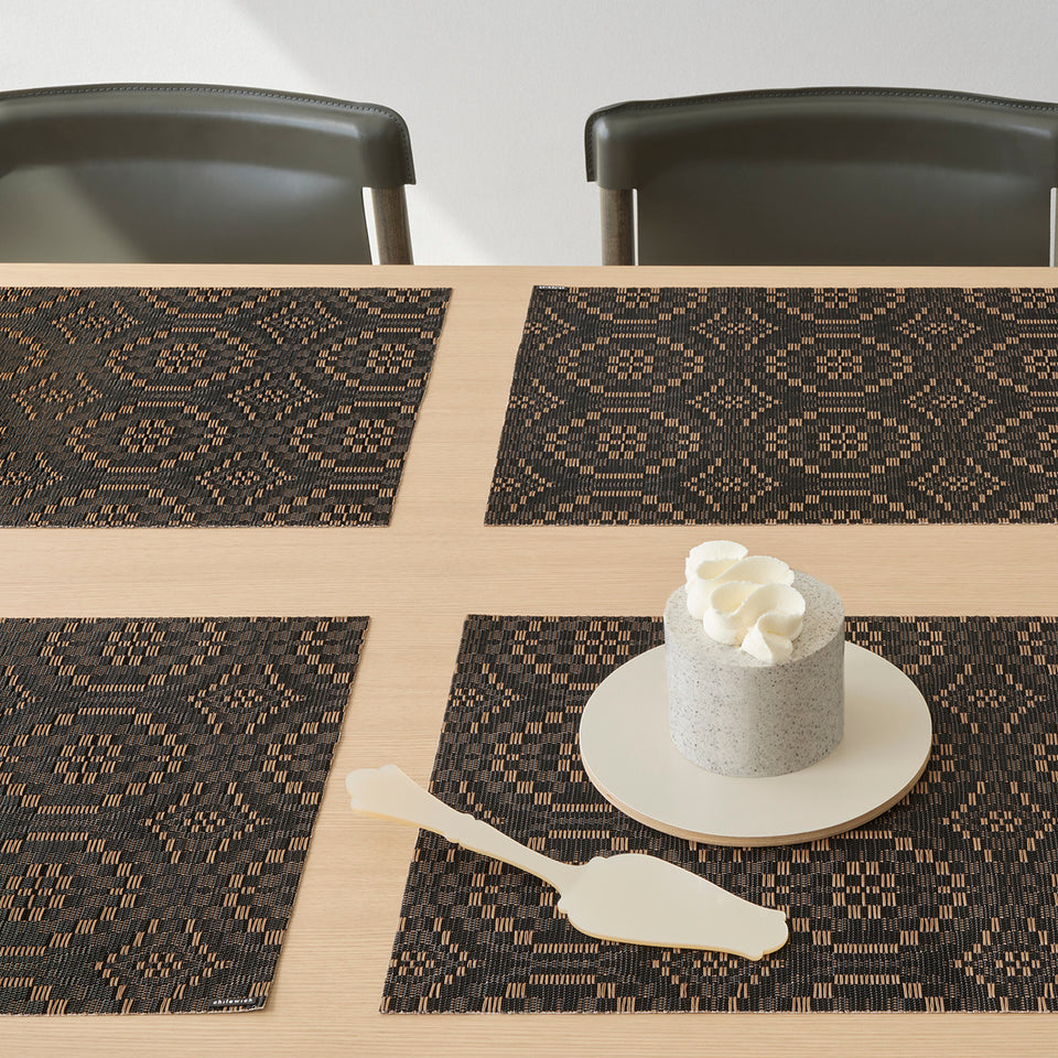 Chilewich Overshot in Tiger Eye, shown in a styled table setting