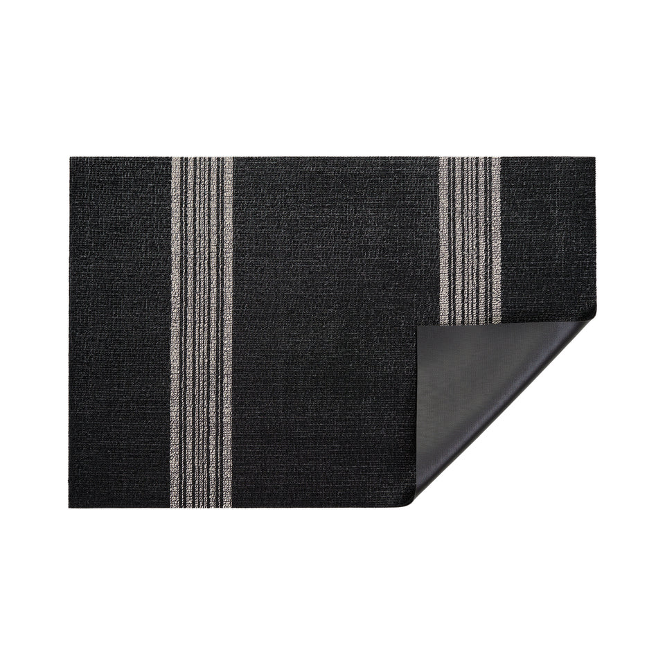 Coal Relay Stripe Shag Mat by Chilewich — folded corner showing the vinyl backing