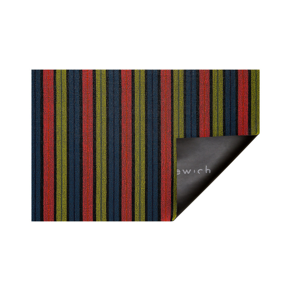 Limelight Ribbon Stripe Shag Mat by Chilewich — folded corner showing the vinyl backing