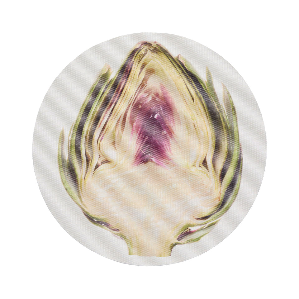 Chilewich Vegetables round placemat in Artichoke, viewed from above on a white background