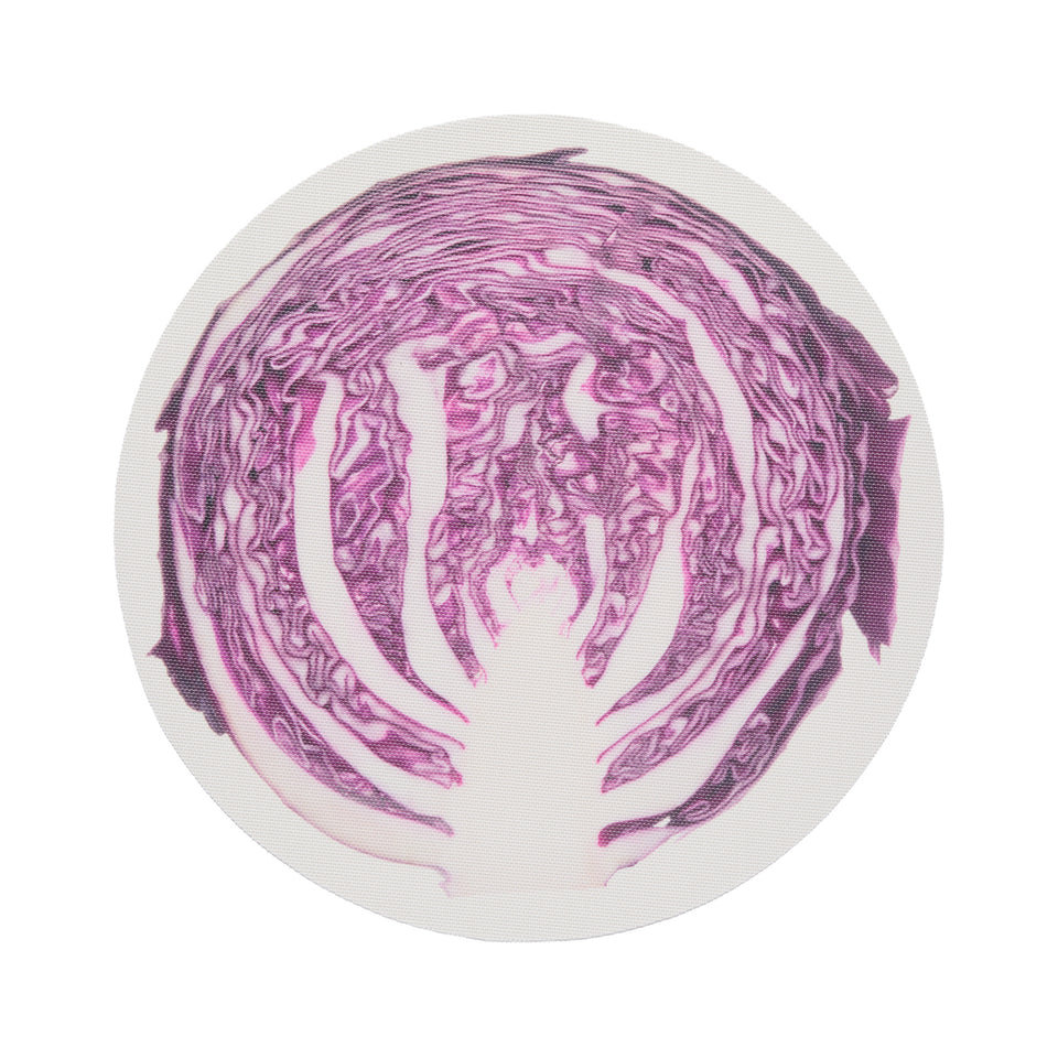Chilewich Vegetables round placemat in Cabbage, viewed from above on a white background