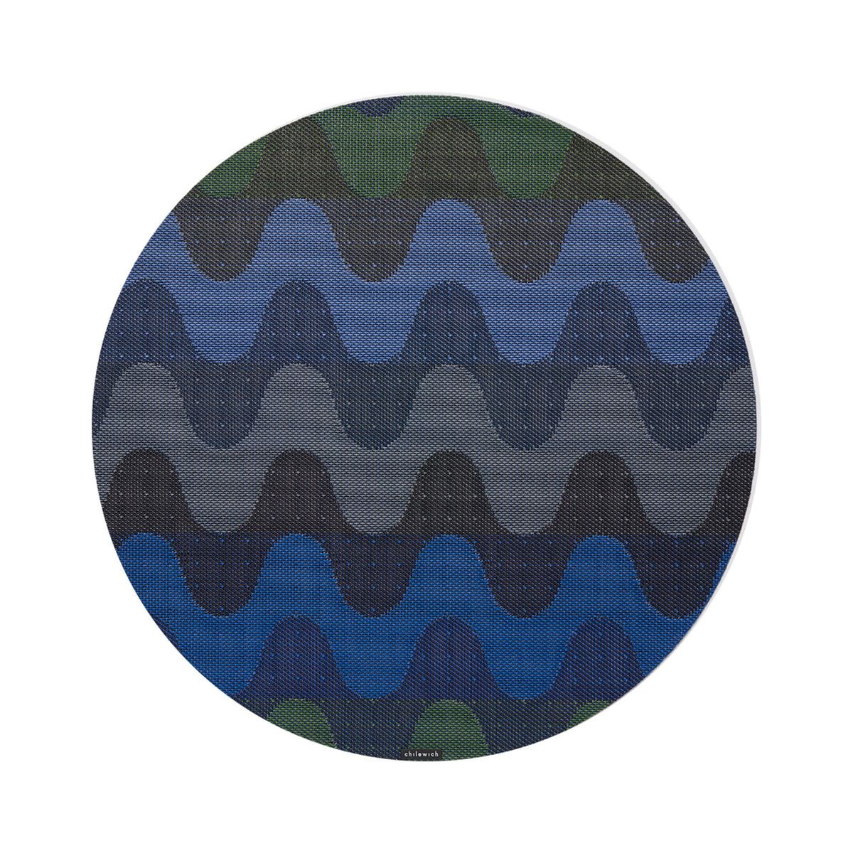 Chilewich Wiggle round placemat in Deep Sea, viewed from above on a white background