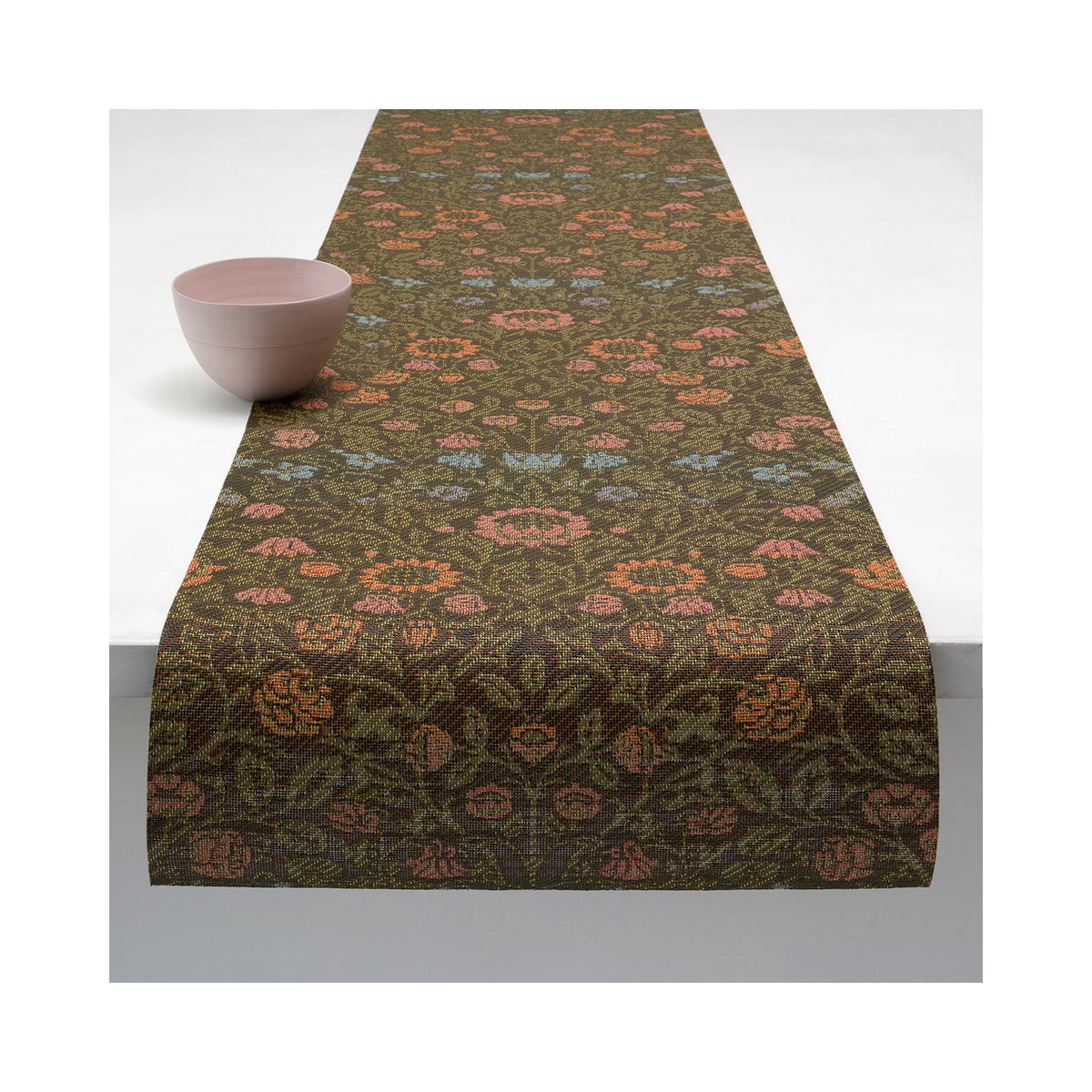 Chilewich William Morris table runner in Dark Multi, draped across a table