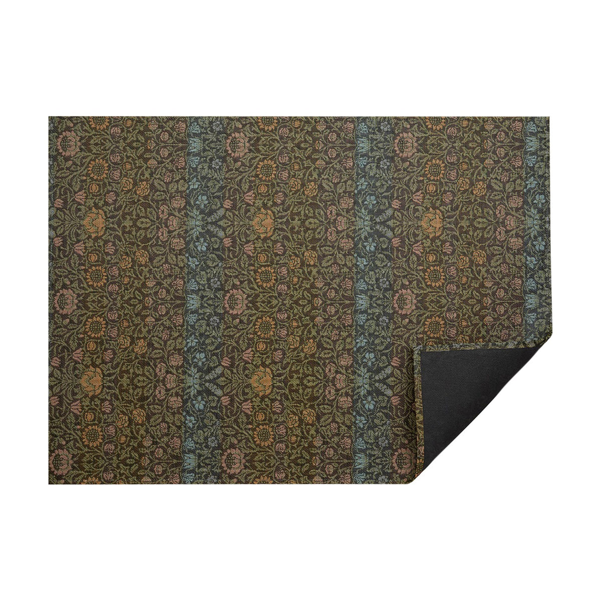 Dark Multi William Morris woven floor mat by Chilewich, horizontal folded-corner view