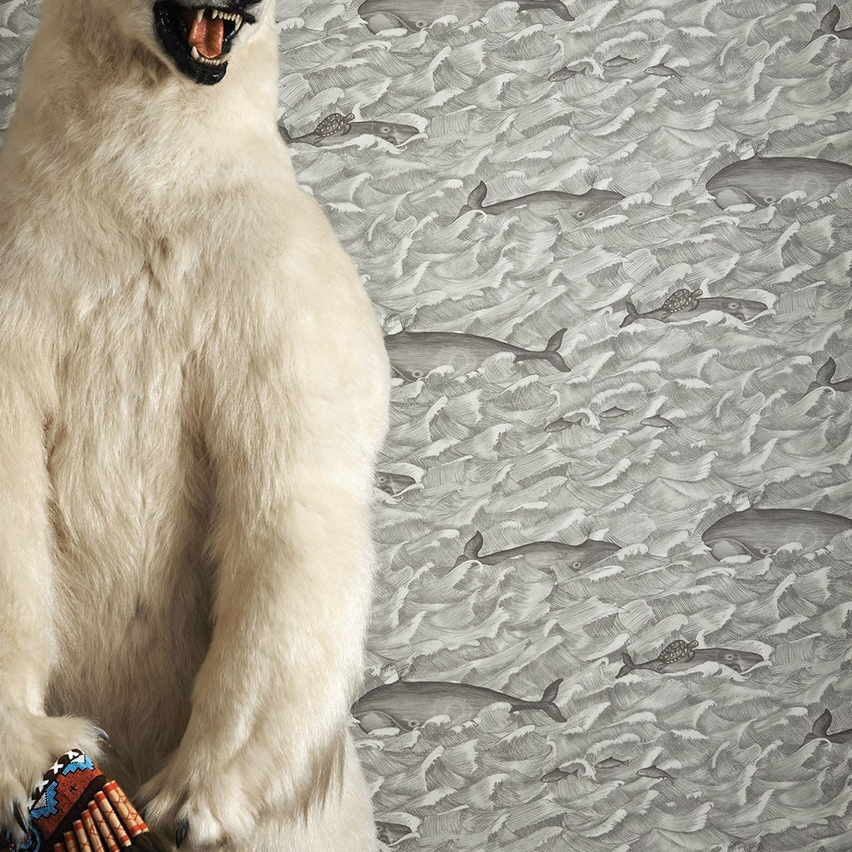 Cole & Son melville wallpaper in Soot & Snow — lifestyle