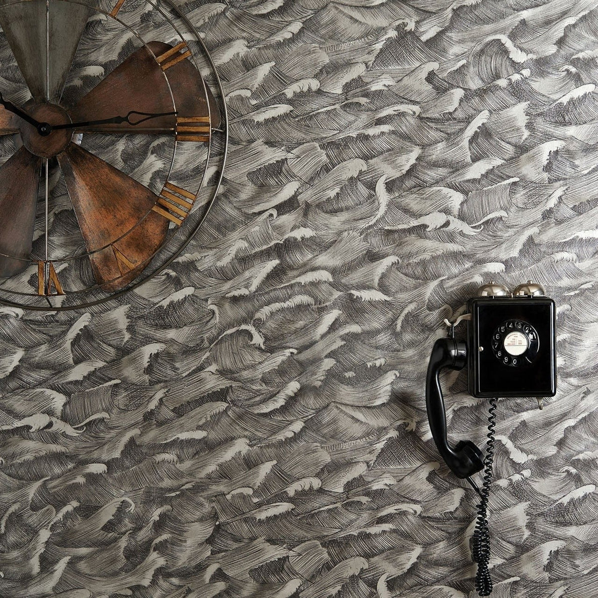 Cole & Son columbus wallpaper in Metallic Gilver & Soot — lifestyle